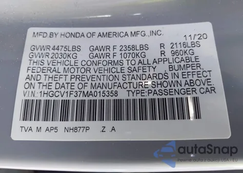 2021 Honda Accord Sport from USA, damaged, VIN 1HGCV1F37MA015358